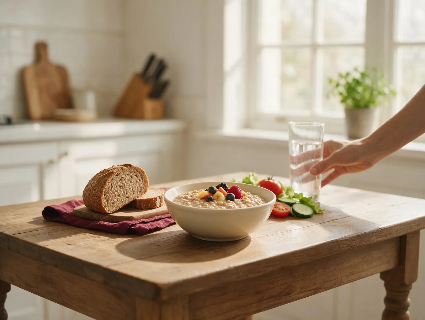 Desayuno con avena, fruta, pan integral y agua
